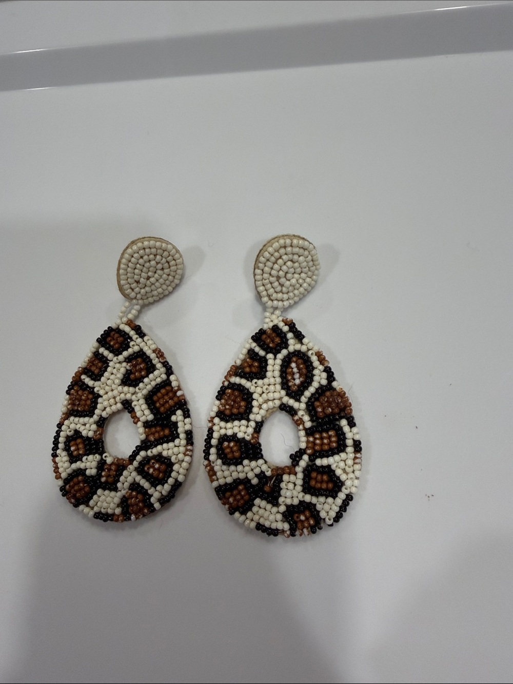 Beaded Teardrop Leopard Print Earrings - White, Brown, Black